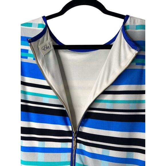 Eliza J Dress Size 14 Blue White Geometric Striped 3/4 Sleeve Knit Casual Shift - Picture 5 of 13